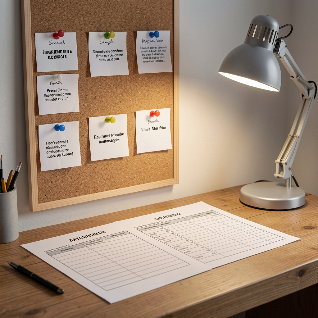 Workspace detail: ingredient sample labels pinned to a corkboard, printed batch reference sheets on a wooden desk under an angled desk lamp