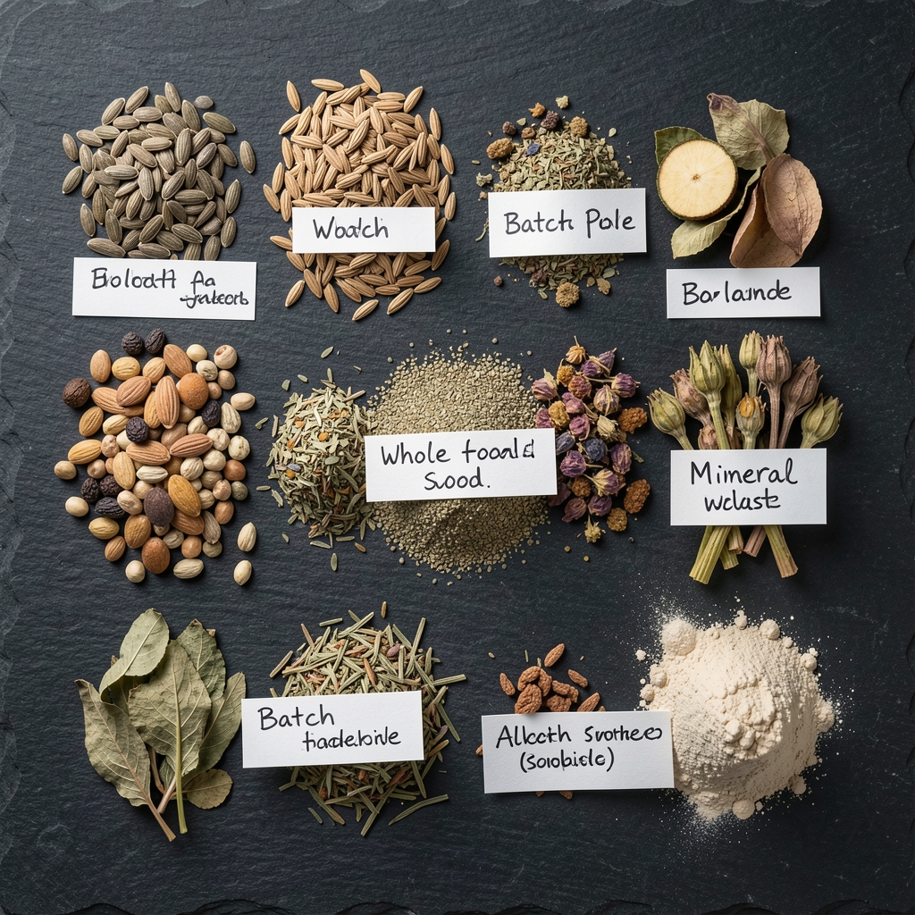 Assorted whole-food supplement ingredients laid flat on a dark slate surface — seeds, dried botanicals, and mineral powders with handwritten batch labels