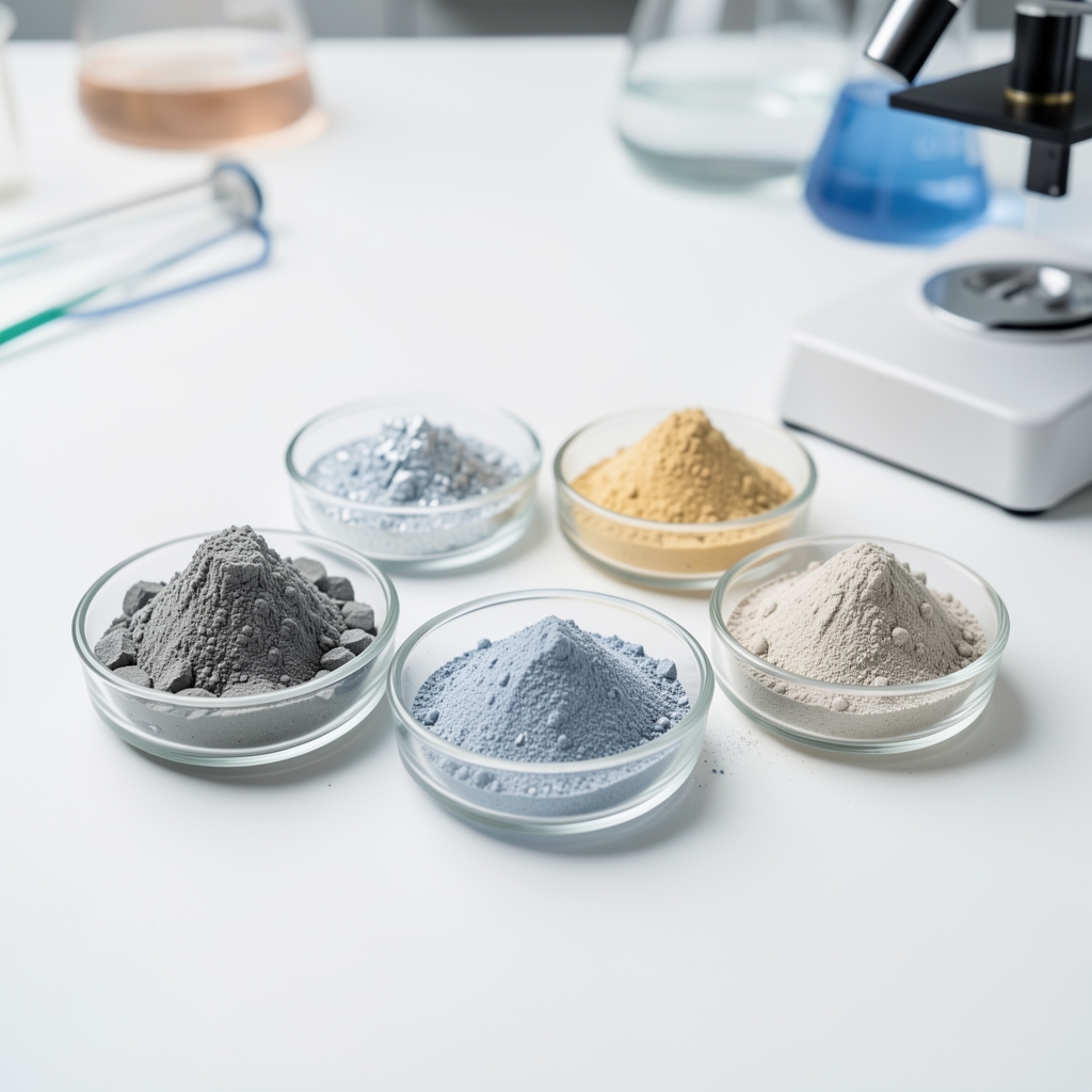 Zinc and magnesium mineral powder samples arranged in small glass dishes on a white laboratory bench under controlled bright lighting