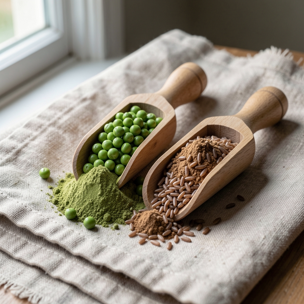 Green pea and brown rice protein isolate powders in two wooden scoops on a rough linen cloth, daylight from a window at left